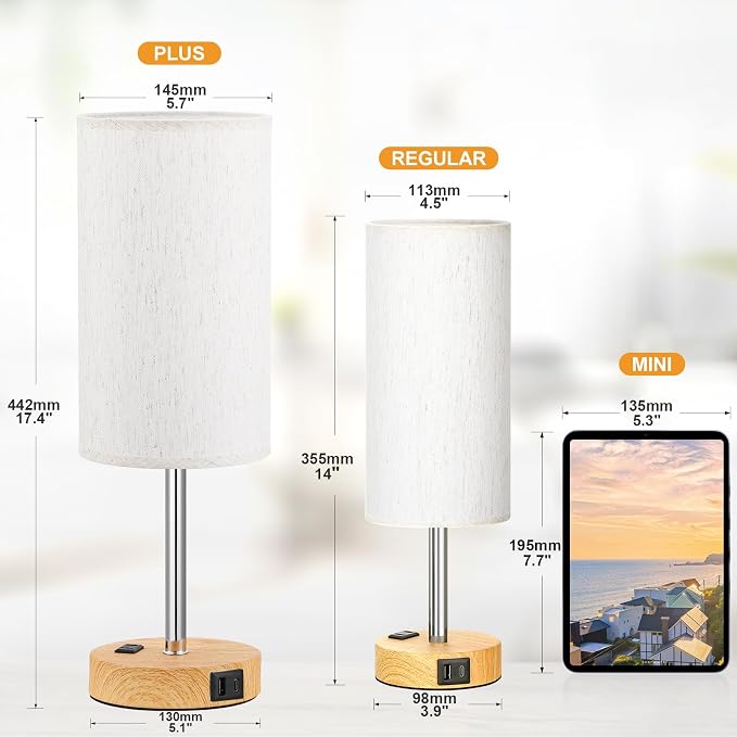 Touch Bedside Table Lamps Set of 2 - Bedroom Lamp with USB A+C, AC Outlet | 17" Tall Nightstand Lamp for Dorm, 3-Way Dimmable, LED Bulb Included, Linen-Texture Fabric Lampshade, Wood-Grain Metal Base