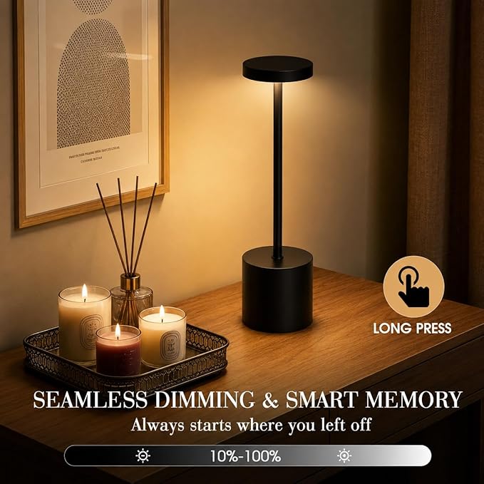 AUDLES Cordless Table Lamp, 5000mAh Rechargeable Lamp with Touch Control & Stepless Dimming, 3 Light Modes, IP54 Waterproof Portable Light for Dining Table, Patio, Bathroom, Power Outage (Black)