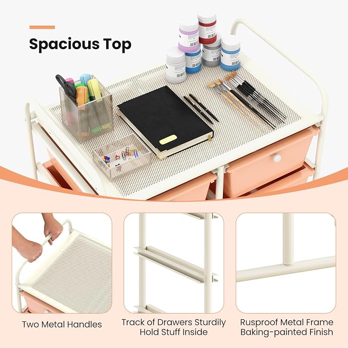 GLACER 10 Drawer Rolling Cart, Storage Cart with Lockable Whieels & Metal Frame, Trolley for Art Craft Oganizer, Mobile Utility Cart for Office, School, Classroom, Kitchen (Peach Fuzz)