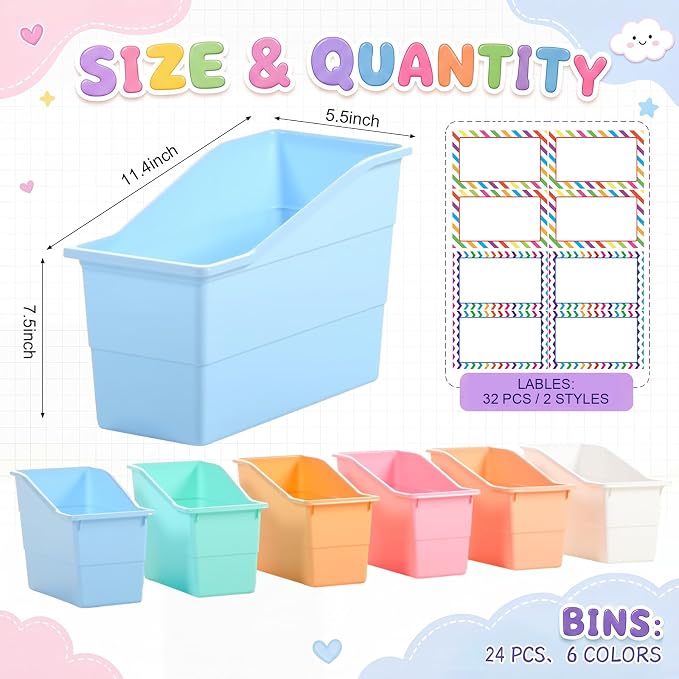 Blosssound 24 Set Book Bins for Classroom Stackable,Cloud Pastel | Plastic Baskets with Labels, Slanted Front, Library Supplies Organizers, Desktop Storage Bins, Teachers Home School Use