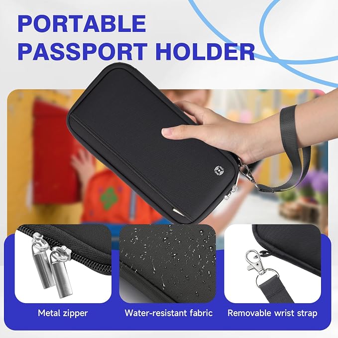 WALNEW Passport Holder Travel Family for 12, RFID Blocking Passport Wallet | Travel Documents Organizer with Zipper, for Cards, Cash, Boarding Passes, Tickets, International Travel Essentials