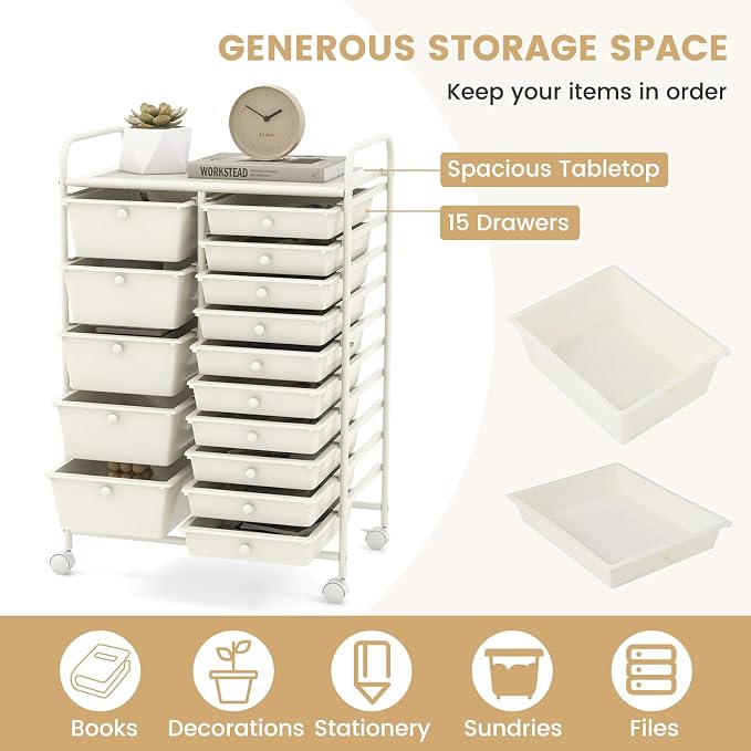 15 Drawer Rolling Storage Cart, Rolling Cart with Drawers for Classroom, Art Supply Craft Organizer on Wheel with Metal Frame & Handles for Home Office School