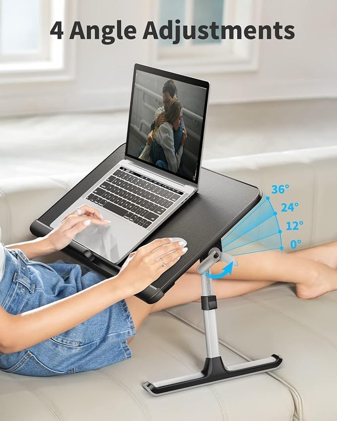 SAIJI Laptop Bed Tray Table - Adjustable Lap Desk for Couch (Dark Black) | Fits 17" Laptop, Work From Home & Dorm Study, with Storage Drawer & PVC Leather