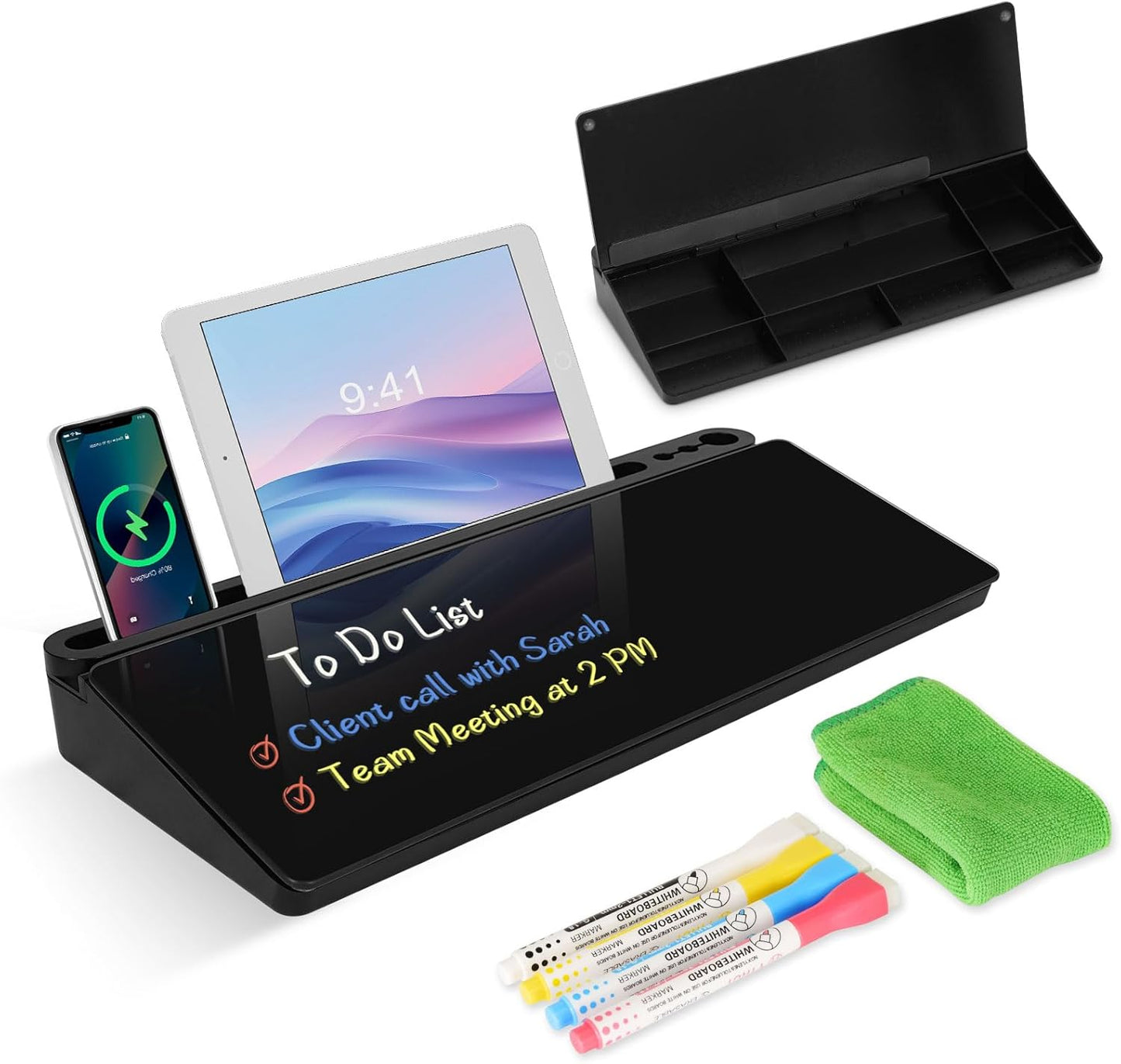 Desktop Glass Whiteboard with Storage, Desk Board with Computer Keyboard Stand, White Dry Erase Board with Drawers for Home, School, Office Desk Organizers and Accessories - Black