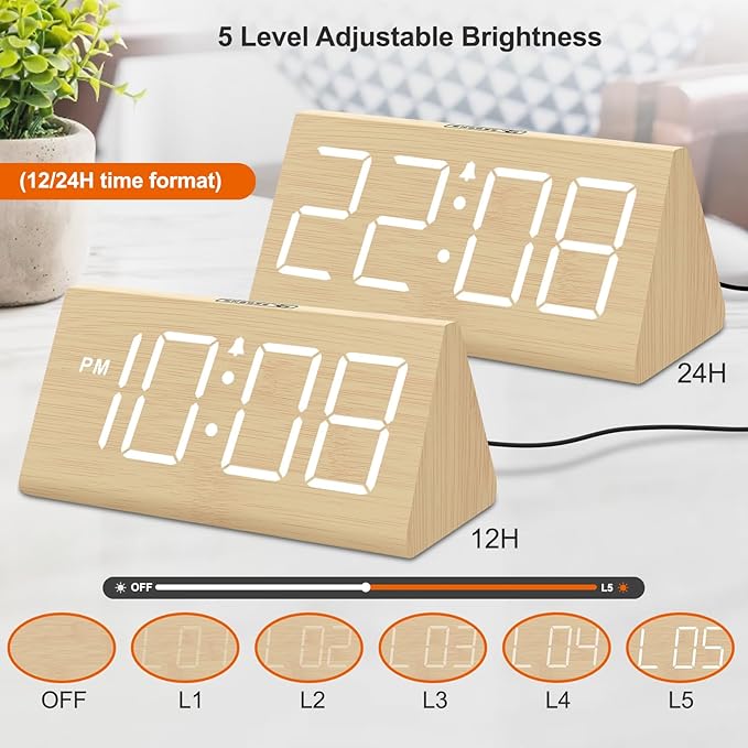 DreamSky Wooden Digital Alarm Clock for Bedrooms with Large Numbers | Electric Desk Clock, USB Port, Loud Alarm for Heavy Sleepers, Adjustable Volume, Dimmer, DST, Wood Décor Gifts, Plug in Clock