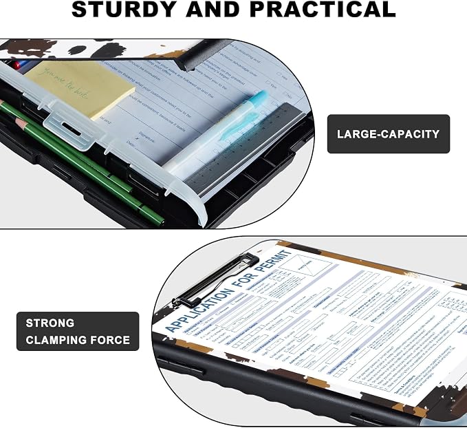 Clipboard with Storage,Storage Clipboard with Pen Holder,Heavy Duty Plastic Storage Clipboard with Low Profile Clip,Teacher Must Haves,Clipboard Folder,Office Supplies,Cow Leopard -1340