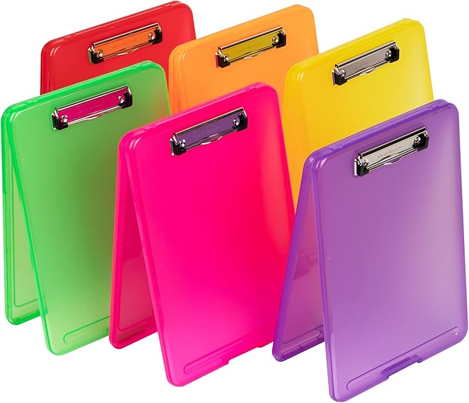 Mind Reader Clipboard with Storage, Teacher, Nursing Clipboard, Plastic, 9.25"L x 13.25"W x 1"H, Set of 6, Assorted Colors