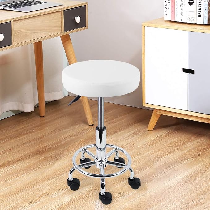KKTONER PU Leather Round Rolling Stool with Foot Rest Swivel Height Adjustable Stool Spa Drafting Salon Tattoo Work Office Massage Task Chair White Small (White)