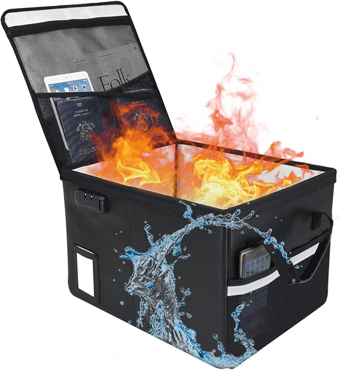 File Box with Lock 5200°F with Heat Insulated, Large Fireproof Box File Storage Organizer Anti-Static,Collapsible Fireproof Document Filing Box with Handle,Portable Home Office Safe