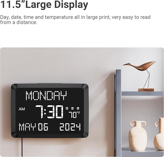 11.5” Extra Large Digital Wall Clock with Date and Day of Week , Electric Desk Clock for Seniors, Large Display Alarm Clock for Bedroom with Battery Backup, 5 Dimmer, 2 USB Ports, Indoor Temp, 12/24H