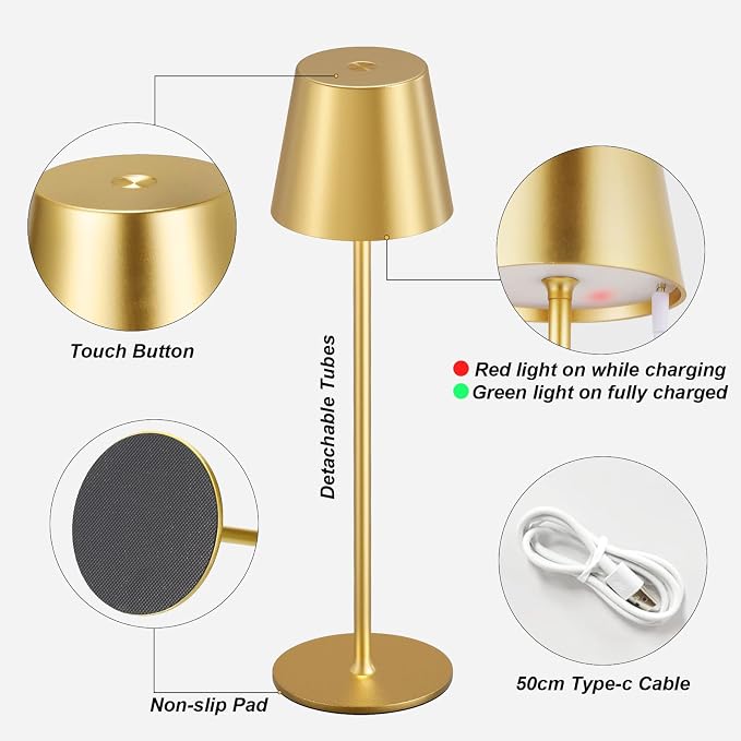 Cordless Table Lamp Rechargeable Gold - KK 2 Pack 5000mAH Battery Operated Lamp for Dining Table, 3 Color Stepless Dimming Wireless Lamp for Counter, Outdoor Patio, Touch Control, Water Repellent