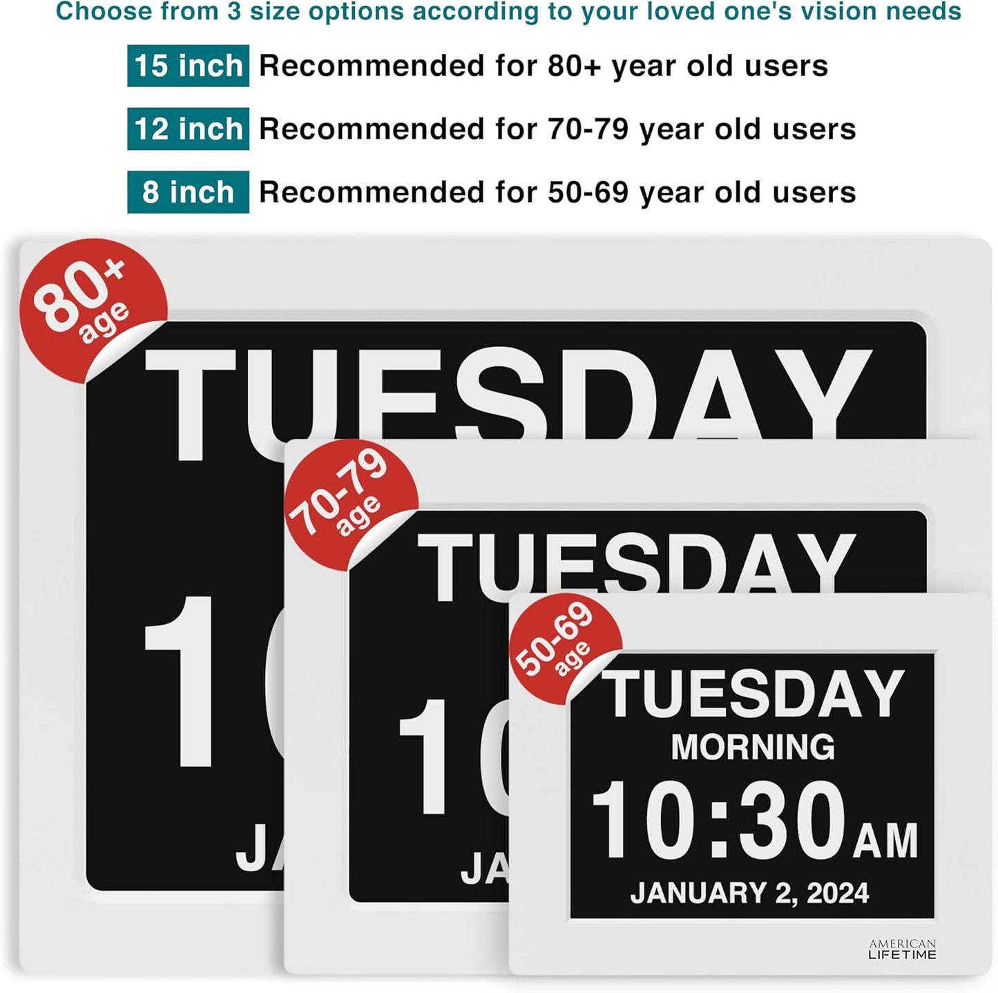 American Lifetime 【New 2024 Dementia Clock Large Digital Clock for Seniors, Digital Clock Large Display, Custom Alarms, Clock with Day & Date for Elderly, Large Number Digital Clock White, 15 Inch