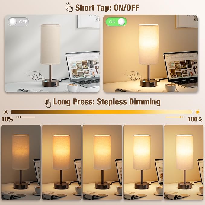 Brown Touch Bedside Lamp for Bedroom, Stepless Dimmable, USB A+C, AC Outlet | Base Touch Button Only, Memory Brightness, Ultra-dim Night Light, Included Bulb for Optimal Dimming, Beige Fabric Shade, Desk
