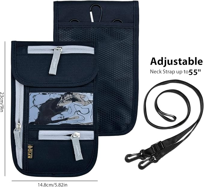 Travel Neck Wallet, RFID Blocking Passport Holder with Adjustable Neck Strap for Men and Women to Keep Cash, Credit Cards and Travel Documents Safe - Black