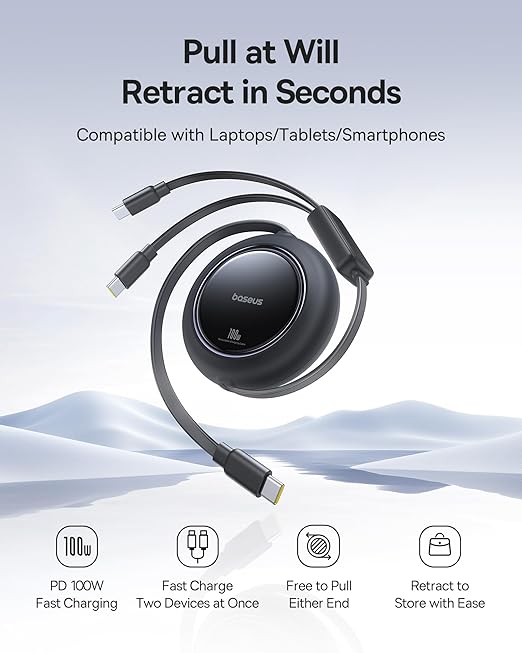 Baseus Retractable USB C Cable, 100W 2 in 1 USBC to USBC Multi Fast Charging Cable, 5 Length Presets, 4ft 5A Type C Charger Cord for iPhone 17 Pro/Plus/Max, Galaxy S24/S23, iPad Pro, Tablet