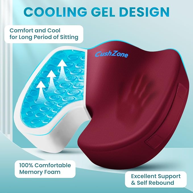 Office Chair Seat Cushion, Cooling Gel Enhanced Memory Foam Cushion for Long Sitting - Back, Sciatica, Coccyx, Tailbone Pain Relief Pillow - for Office, Gaming, Car, Wheelchair - Red, X-Large