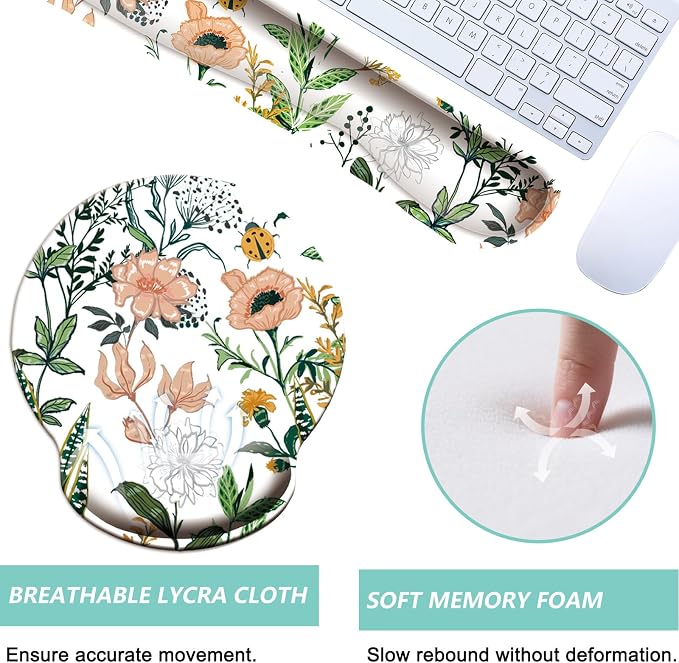 Keyboard Wrist Rest Pad Mouse Pad with Wrist Support Set of 3, Mousepad with Non-Slip Rubber Base, Ergonomic Memory Foam Mouse Wrist Cushion Support for Home Office Laptop Computer, Flower White