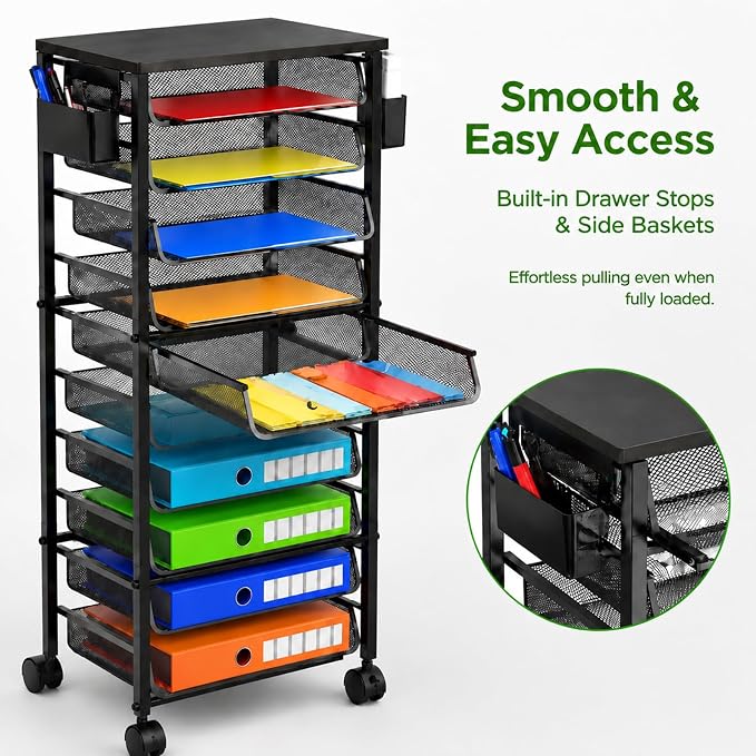 Ekisemio 11-Tier Rolling File Cart, Mobile Desk-Side Organizer with Top Shelf and Side Baskets, Wire Storage Rack for Letter Folders, Home Office & School, Black