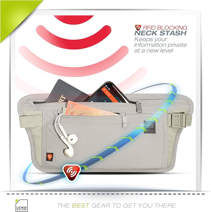 Lewis N. Clark Travel Money Belt Pouch, Slim RFID Blocking Anti Theft Waist Stash Pouches for Cash, Cards and Passport Holder