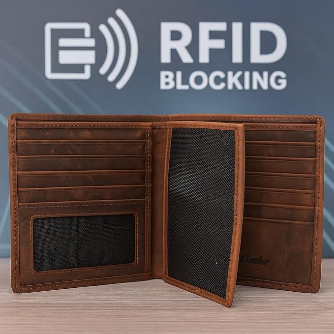 MARSHAL Bifold Leather RFID Blocking Wallet For Men & Women | Genuine Leather Holder With 20 Slots, 2 Bill Compartments & ID Window | Hipster wallet Money, Driver’s License, Travel & More (Vintage)