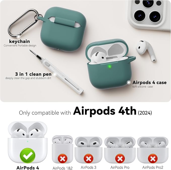 for AirPods 4 Case 2024 with Cleaner Kit & Keychain-Pine Green | Silicone Protective Cover for Apple AirPods 4th Generation Case,for Women Men,One-Piece Design,Shockproof,Dust Proof