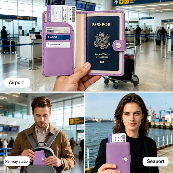 Passport Holder RFID Blocking Travel Wallet, Elegant Purple | Passport Cover with Multiple Card Slots, Water-Resistant & Easy-Carry, Must-Have Travel Accessory for Men & Women.