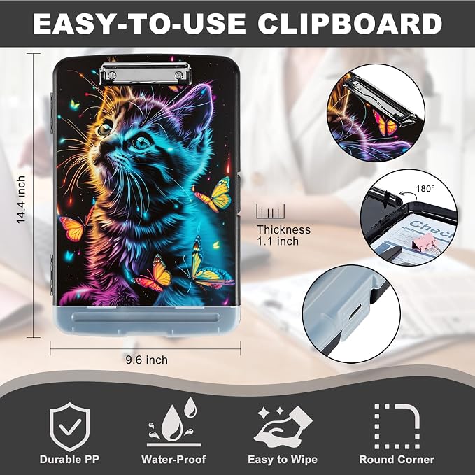 Clipboard with Storage,Storage Clipboard with Pen Holder,Heavy Duty Plastic Storage Clipboard with Low Profile Clip,Teacher Must Haves,Clipboard Folder,Office Supplies,Cat and Butterflies -1349