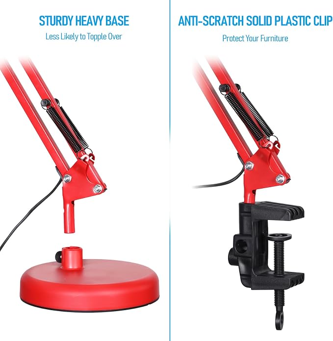 TORCHSTAR Metal Desk Lamp, Adjustable Swing Arm, E26, Red | Architect Gooseneck Multi-Joint Clip Table Lamp with Plastic Clamp, for Home Office, Work, Study, Reading, Bulbs not Included