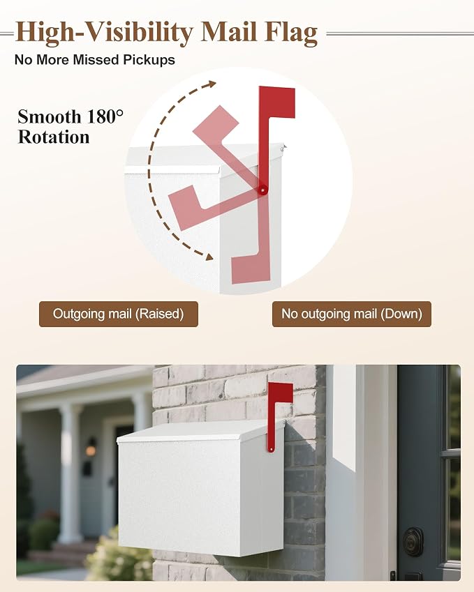 Wall-Mount Mailbox for Outside, Large Capacity Rust-Proof Mail Box with Stay-Open Lid & Red Flag Kit, Galvanized Steel Weather-Resistant Post Box for House Outside, 10.5"x4.3"x14.2", White