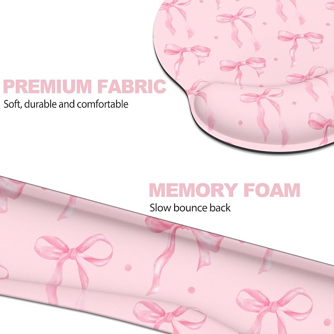 Ergonomic Mouse Pad with Wrist Rest and Keyboard Wrist Rest, Mousepad | Memory Foam Wrist Rest for Computer Keyboard, Pain Relief, Non-Slip Rubber Base, Mouse Pad Wrist Support for Gaming, Pink Bow