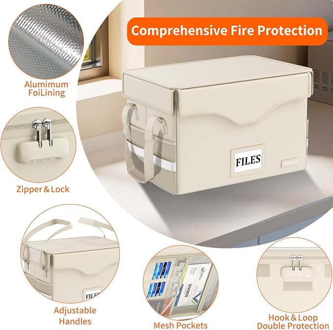DocSafe 5200°F Fireproof Document Box with Lock,Heat Insulated File Organizer Storage with Pockets,Collapsible Portable Home Office File Safe Box with Handle for Hanging Letter/Legal Folders, Beige