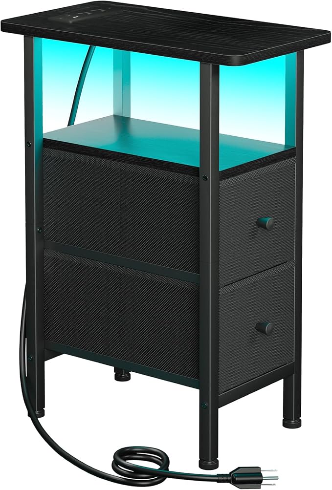 Narrow End Table with Charging Station, Small Nightstand | Skinny Side Tables Living Room with 2 Fabric Drawers, Bedside Table with LED Lights for Bedroom, Small Spaces, Black