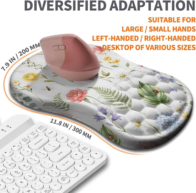 Ergonomic Joint Wrist Support Mouse Pad with Memory Foam Cushion Massage Bump, Carpal Tunnel Pain Relief Mousepad Slope Design for Wrist Rest, 11.8x7.9 in, Bee Butterfly Flower