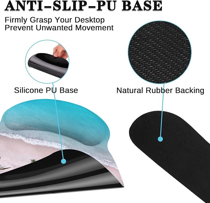 Ergonomic Mouse Pad Set with Wrist Rest, Ocean Blue | Summer Beach Non-Slip Rubber Base Wrist Cushion Support and Coasters Mousepad with Wrist Support for Computer Keyboard