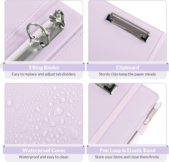 SKYDUE 3 Ring Binder with Clipboard 1 Inch, 13.2" × 10.2" PU Clipboard Binder with Notepad & 5 Dividers with 5 Pockets, Labels, Clipboard Folder Great for School Office (Fit Letter Sized Paper)