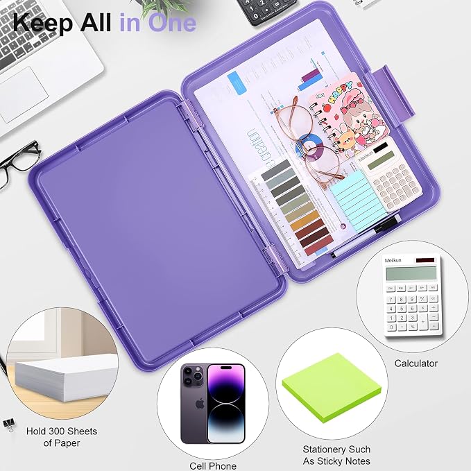 Meiikun Clipboard with Storage, Clip Boards 8.5x11 with Dual Storage, Plastic Clipboards Clear Visible Dry Erase Top Panel, High Capacity Clip Board Organizer for Work School Office (Violet)