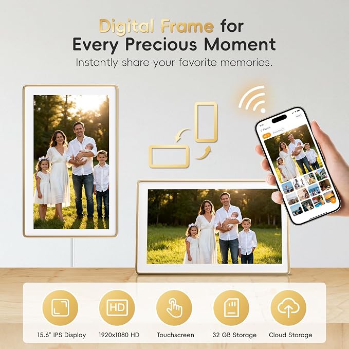 Westsee 15.6" Digital Wall Calendar Frame – Interactive Touchscreen Eletronic Calendars, Smart Family Planner for Schedule, Photo Display, Meals, Chore Chart & Tasks, Wall & Desk Mountable (Gold)
