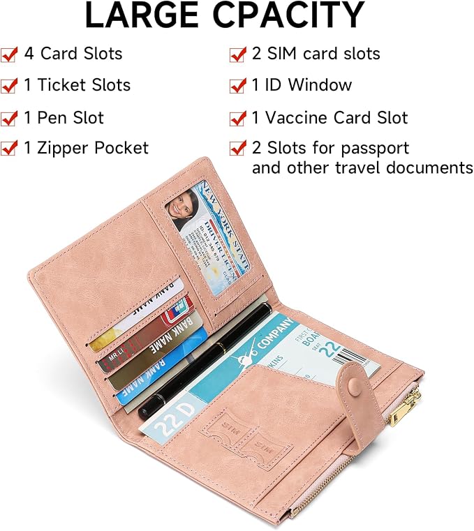 RFID Blocking Leather Passport Wallet Cover Case with Pen and Card Slots Travel Wallet for Women/Men Travel Must Haves Accessories