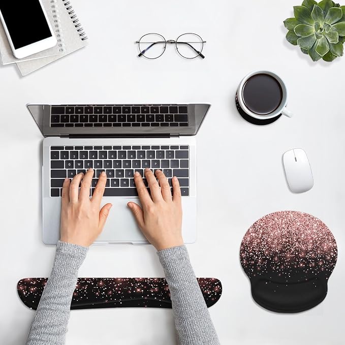 Ergonomic Mouse Pad Set with Wrist Rest, Rose Gold | Pink Black Golden Non-Slip Rubber Base Wrist Cushion Support and Coasters Mousepad with Wrist Support for Computer Keyboard