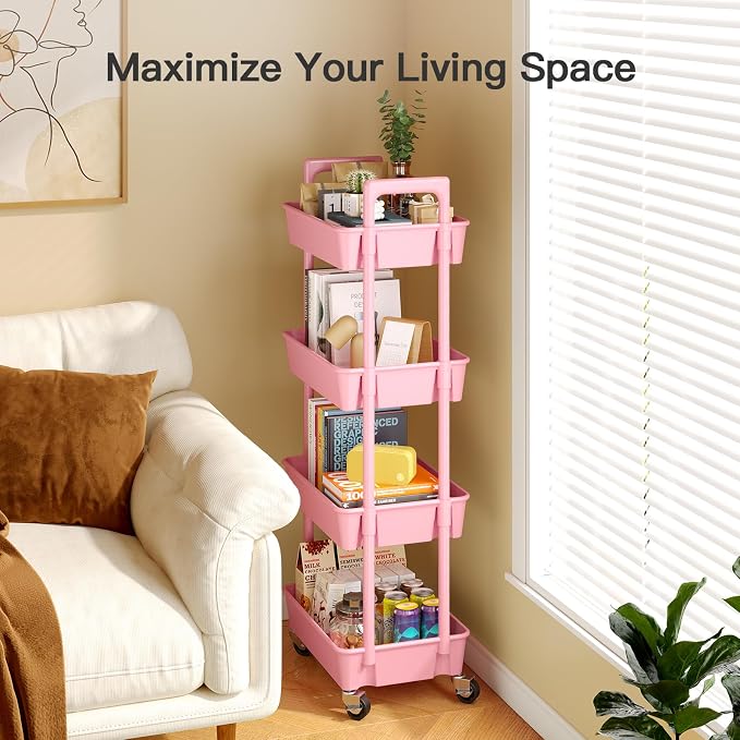 Pipishell 4 Tier Rolling Cart Organizer, Plastic Rolling Cart with Lockable Wheels & Reinforced Handle, Lightweight Utility Storage Cart for Nursery, Kitchen, Craft Room, Pink