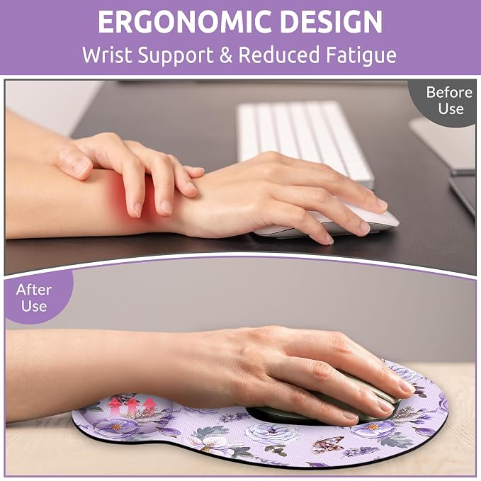 KONVINIT Ergonomic Mouse Pad with Wrist Rest, Small Mousepad with Non-Slip Rubber Base and Smooth Surface, Purple Mouse Pads for Desk, Office Desk Accessories