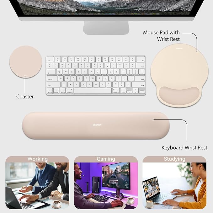 Mouse Pad and Keyboard Wrist Rest, 3-in-1 Gel Memory Foam Ergonomic Mouse Pad with Wrist Rest Set, Gaming Mousepad Arm Cushion Support for Computer Office Desk Accessories Cute Setup,Apricot