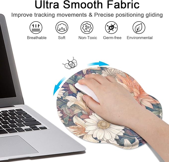 Ergonomic Mouse Pad Set with Wrist Rest, Daisy Floral Vintage | Cottagecore Non-Slip Rubber Base Wrist Cushion Support and Coasters Mousepad with Wrist Support for Computer Keyboard