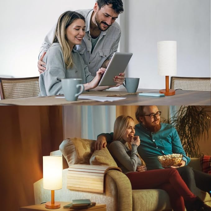 LALISU Small Table Lamp Nightstand Lamp Linen Lampshade Bedroom Wood Base Small Bedside Lamp for Night Stands, Desk Lamps for Reading Living Room, Office (LED Bulb Included) (Rosewood)