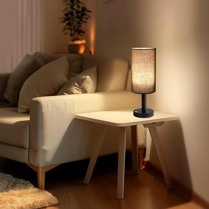 LALISU Small Table Lamp Nightstand Lamp Linen Lampshade Bedroom Wood Base Small Bedside Lamp for Night Stands, Desk Lamps for Reading Living Room, Office (LED Bulb Included) (Black and Cordless)