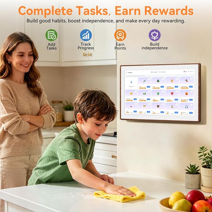 15.6" Smart Digital Calendar - No Subscription Family Hub with Calendar Sync, Meal Planner, Photo & Video Display, Touch Screen, Wall & Desk Mount, Gifts for Women Men (Walnut)
