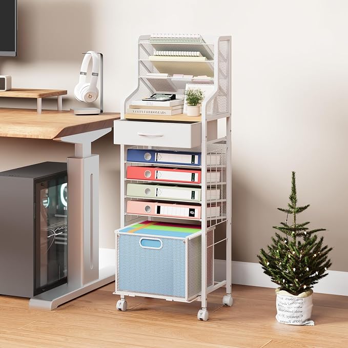 SWTYMIKI 10-Tier Rolling File Cart - Mesh Paper Organizer with Drawer and Hanging File Folders on Lockable Wheels, Rolling File Cabinet for Office Organization, Storage in Home, Studio, School, White
