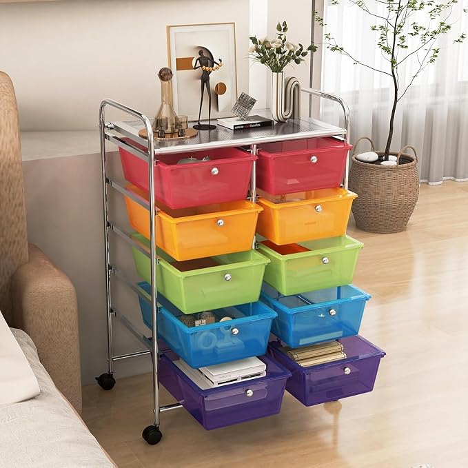 10 Drawer Rolling Cart, Storage Cart Organizer on Wheels, Drawer Cart with Metal Frame & Large Storage Capacity, Rolling Cart with Drawers for Living Room Classroom, Office