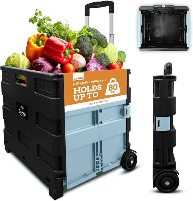 Ultra-Slim Rolling Collapsible Storage Pack-N-Roll Utility-carts, with Telescopic Handle, for Home, Garden, Shopping, Office, School use, Large, Baby Blue & Black