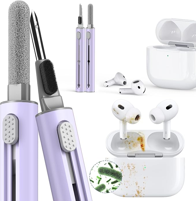 Inesore Multi Cleaning Kit for AirPods & All Bluetooth Earbuds (Purple) | 3-in-1 Design with Brush,Sponge & Metal Tip, Airpod Cleaning, Phone Cleaner, Earbud Cleaning, Electronic Device Cleaning Tool